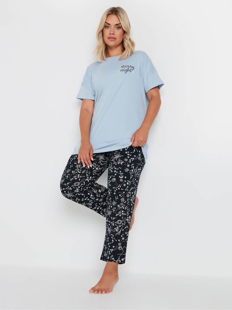 Yours Curve Blue Starry Night Wide Leg 100% Cotton Pyjamas Set - Image 2 of 4