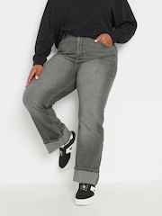 Yours Curve Grey Fold Over Hem Wide Leg Jeans - Image 1 of 4