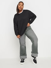 Yours Curve Grey Fold Over Hem Wide Leg Jeans - Image 2 of 4