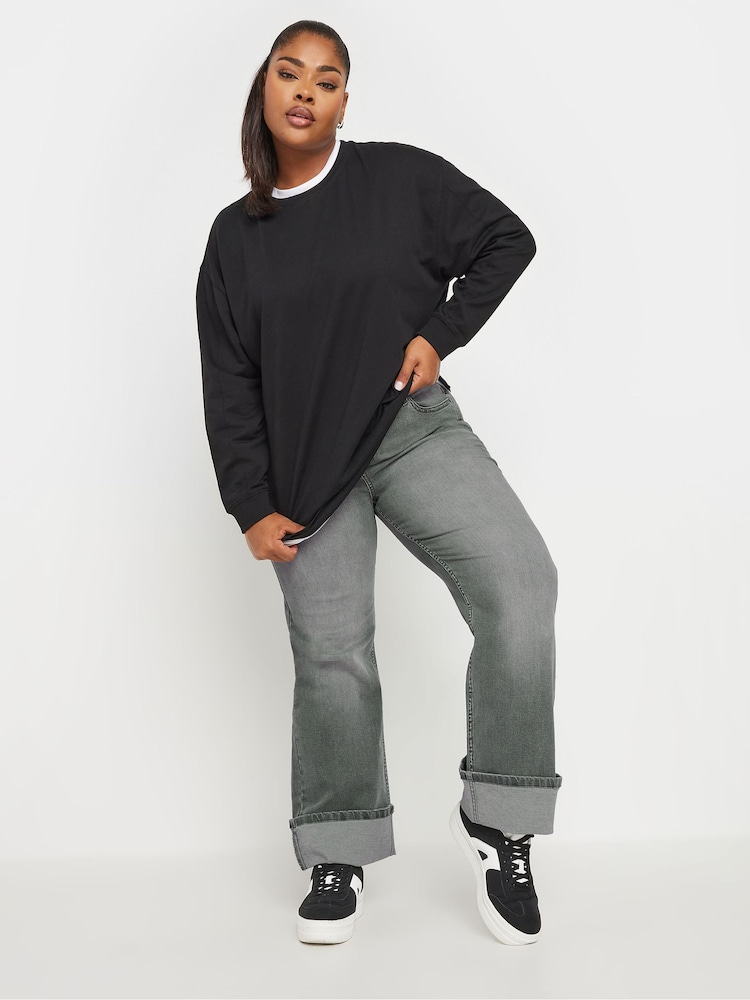 Yours Curve Grey Fold Over Hem Wide Leg Jeans - Image 2 of 4