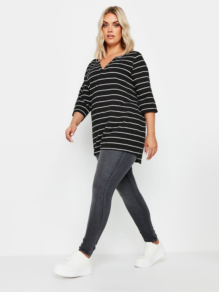 Yours Curve Black Notch Neck 3/4 Sleeve 100% Cotton T-Shirt - Image 1 of 4