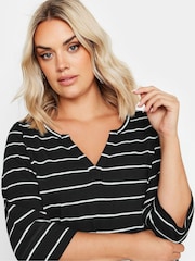 Yours Curve Black Notch Neck 3/4 Sleeve 100% Cotton T-Shirt - Image 2 of 4
