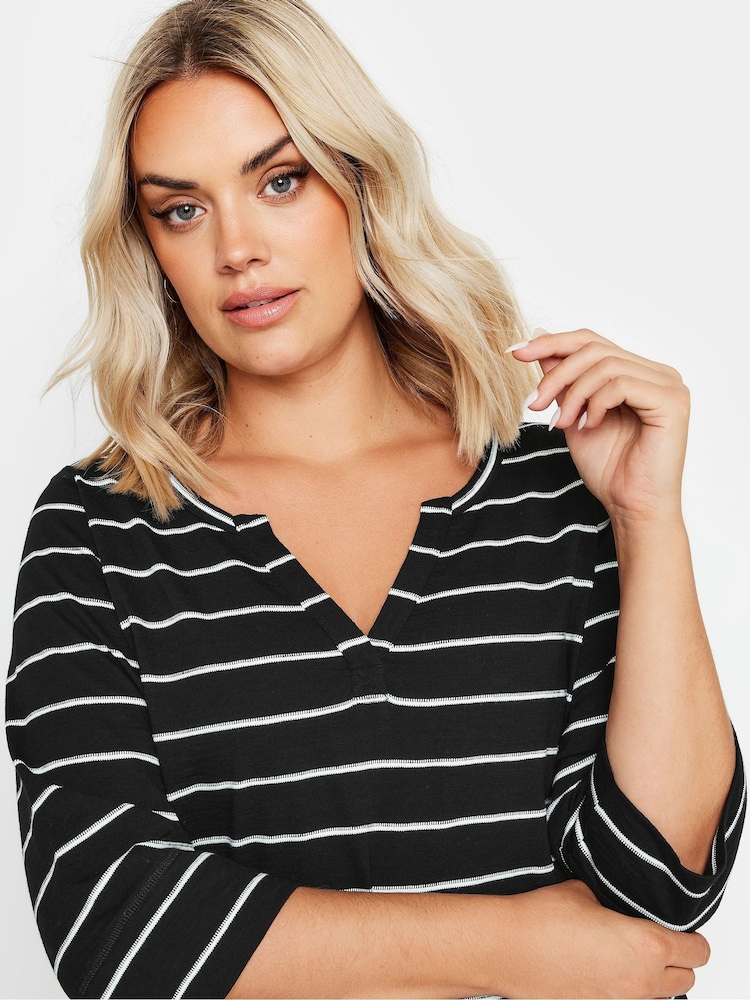 Yours Curve Black Notch Neck 3/4 Sleeve 100% Cotton T-Shirt - Image 2 of 4
