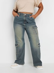 Yours Curve Blue Sandblasted Triple Cargo Wide Leg Jeans - Image 1 of 4