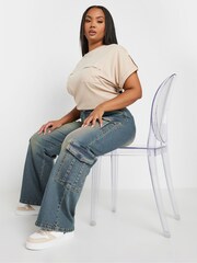 Yours Curve Blue Sandblasted Triple Cargo Wide Leg Jeans - Image 2 of 4