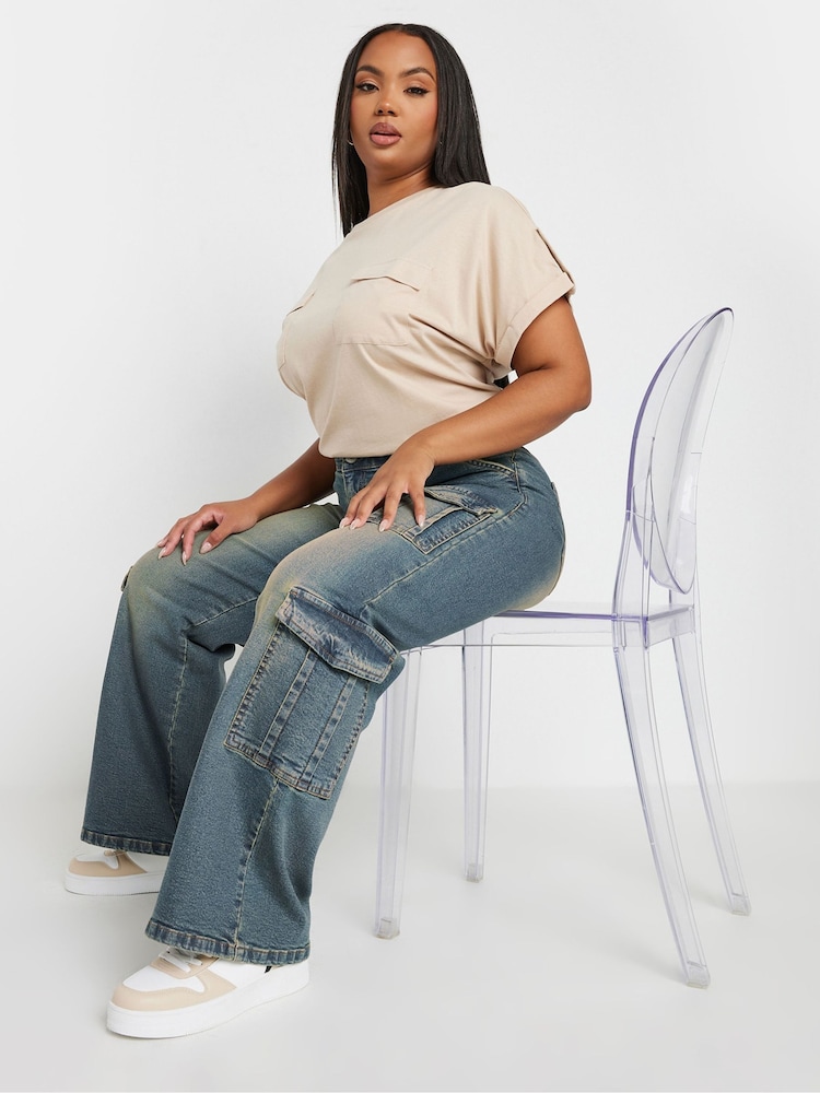 Yours Curve Blue Sandblasted Triple Cargo Wide Leg Jeans - Image 2 of 4