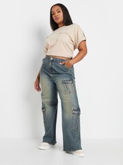 Yours Curve Blue Sandblasted Triple Cargo Wide Leg Jeans - Image 3 of 4