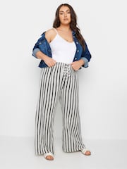 Yours Curve White Linen Look Stripe Wide Leg Trousers - Image 1 of 5