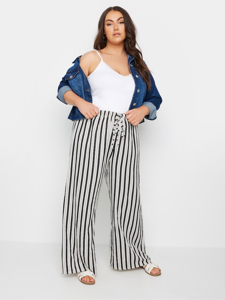 Yours Curve White Linen Look Stripe Wide Leg Trousers - Image 1 of 5