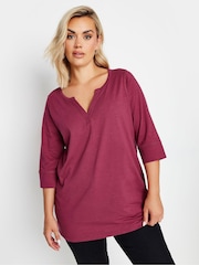 Yours Curve Red 100% Cotton Notch Neck 3/4 Sleeve T-Shirt - Image 1 of 5