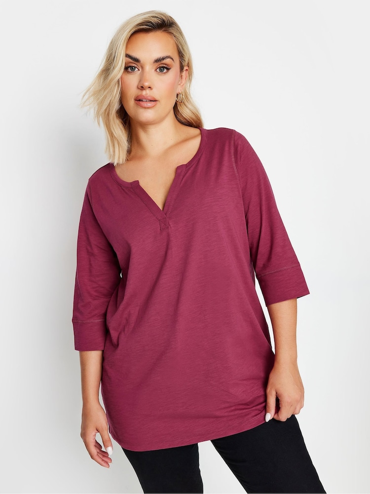 Yours Curve Red 100% Cotton Notch Neck 3/4 Sleeve T-Shirt - Image 1 of 5