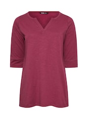Yours Curve Red 100% Cotton Notch Neck 3/4 Sleeve T-Shirt - Image 5 of 5