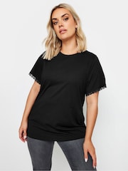 Yours Curve Black Lace Trim 100% Cotton T-Shirt - Image 1 of 5