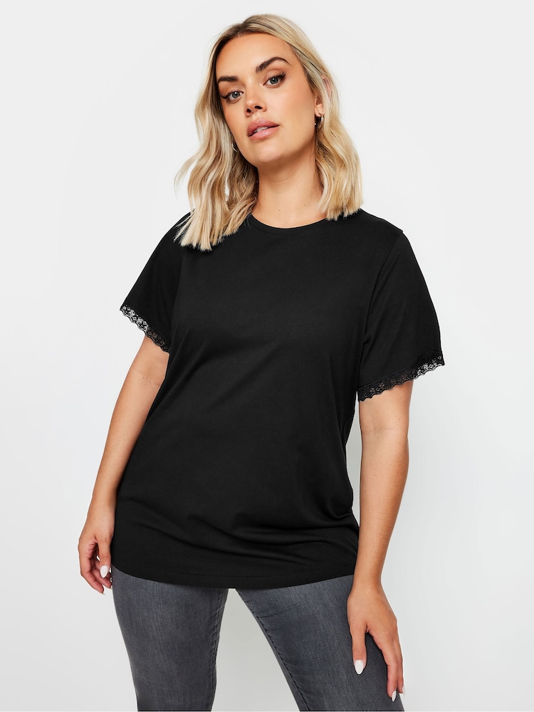 Yours Curve Black Lace Trim 100% Cotton T-Shirt - Image 1 of 5