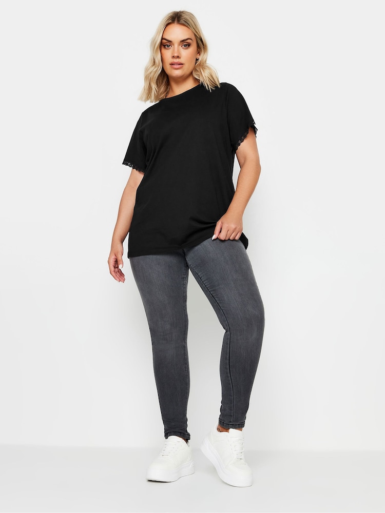 Yours Curve Black Lace Trim 100% Cotton T-Shirt - Image 2 of 5