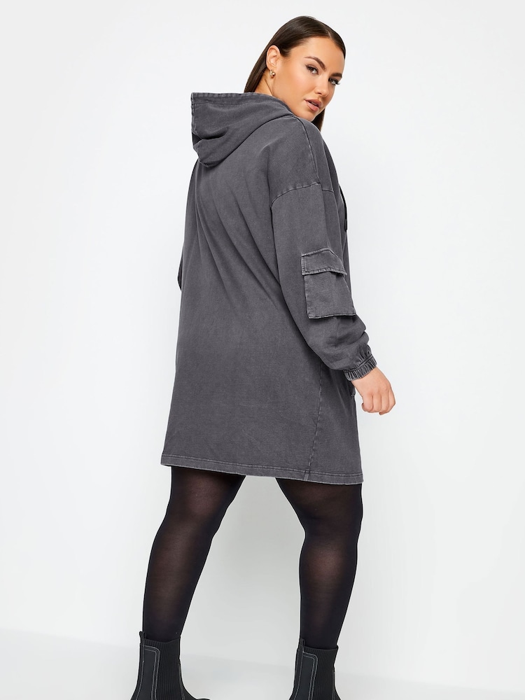 Yours Curve Grey Acid Wash Cargo Tunic 100% Cotton Hoodie - Image 2 of 4
