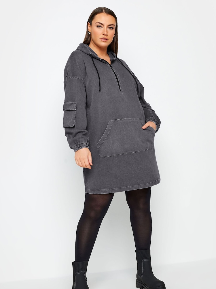 Yours Curve Grey Acid Wash Cargo Tunic 100% Cotton Hoodie - Image 3 of 4