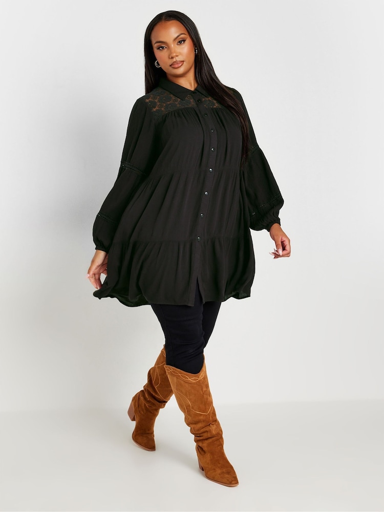Yours Curve Black Boho Long Sleeve Tiered Shirt - Image 2 of 4