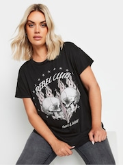 Yours Curve Black Rebel Club Placement Print T-Shirt - Image 1 of 5