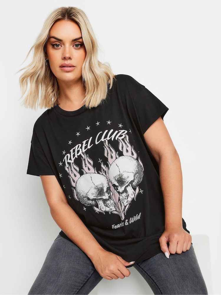 Yours Curve Black Rebel Club Placement Print T-Shirt - Image 1 of 5