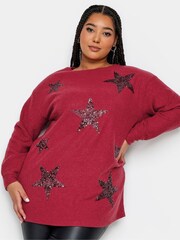 Yours Curve Red Soft Touch Sequin Star Top - Image 1 of 4