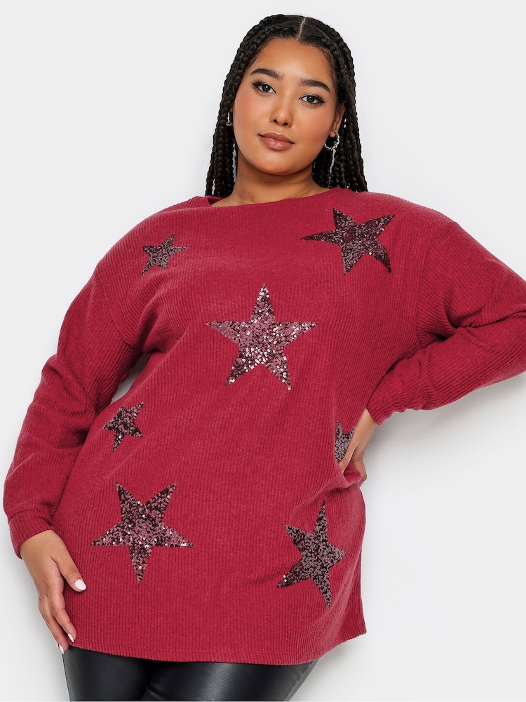 Yours Curve Red Soft Touch Sequin Star Top - Image 1 of 4