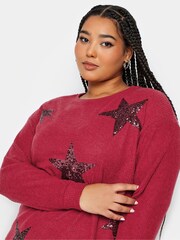 Yours Curve Red Soft Touch Sequin Star Top - Image 3 of 4