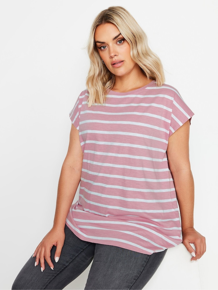 Yours Curve Pink Grown On Stripe 100% Cotton T-Shirt - Image 1 of 4