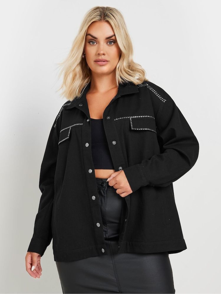 Yours Curve Black 100% Cotton Limited Studded Overshirt - Image 1 of 6