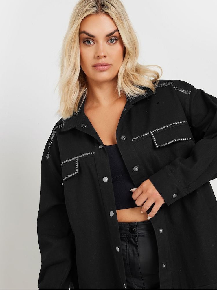 Yours Curve Black 100% Cotton Limited Studded Overshirt - Image 2 of 6