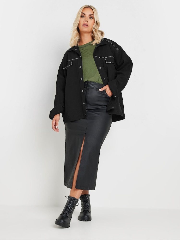 Yours Curve Black 100% Cotton Limited Studded Overshirt - Image 4 of 6