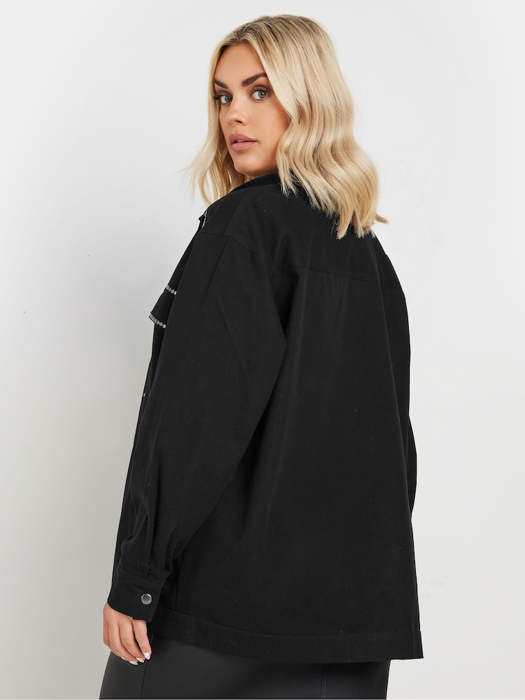Yours Curve Black 100% Cotton Limited Studded Overshirt - Image 5 of 6