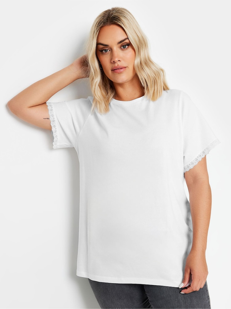 Yours Curve White Lace Trim 100% Cotton T-Shirt - Image 2 of 6