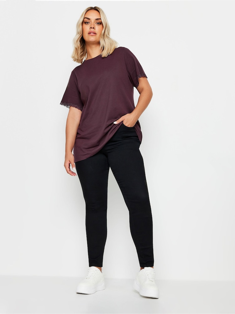 Yours Curve Red Lace Trim 100% Cotton T-Shirt - Image 2 of 6