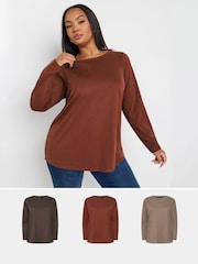 Yours Curve Brown Core Basic Long Sleeve T-Shirts 3 Pack - Image 1 of 9