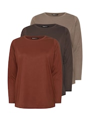 Yours Curve Brown Core Basic Long Sleeve T-Shirts 3 Pack - Image 6 of 9