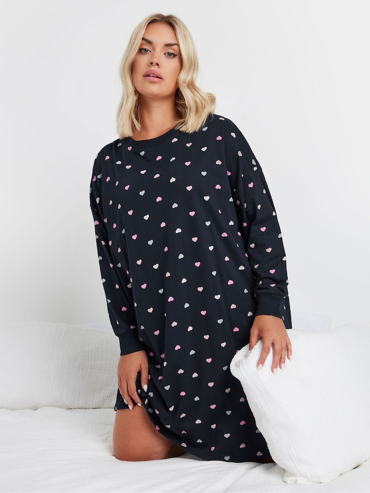 Yours Curve Blue Multicolour Hearts Long Sleeve 100% Cotton Nightdress - Image 1 of 4