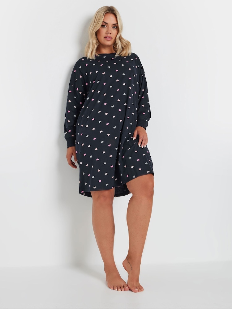Yours Curve Blue Multicolour Hearts Long Sleeve 100% Cotton Nightdress - Image 2 of 4