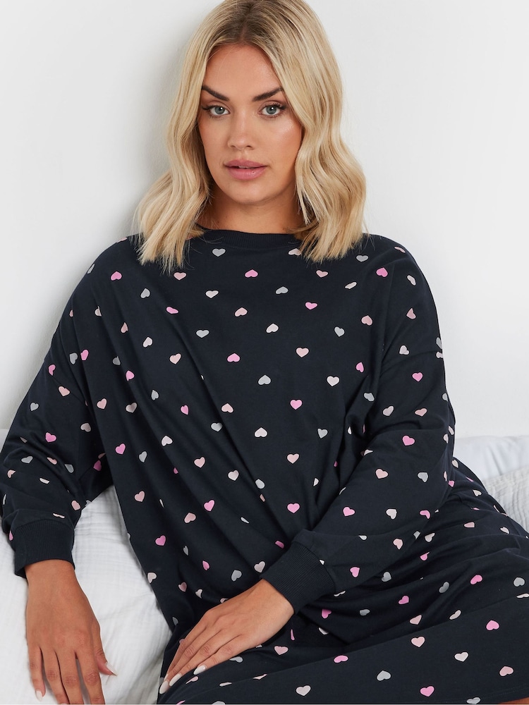 Yours Curve Blue Multicolour Hearts Long Sleeve 100% Cotton Nightdress - Image 4 of 4