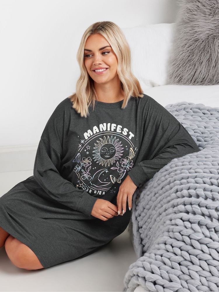 Yours Curve Grey Manifest Dreams Long Sleeve 100% Cotton Nightdress - Image 4 of 4