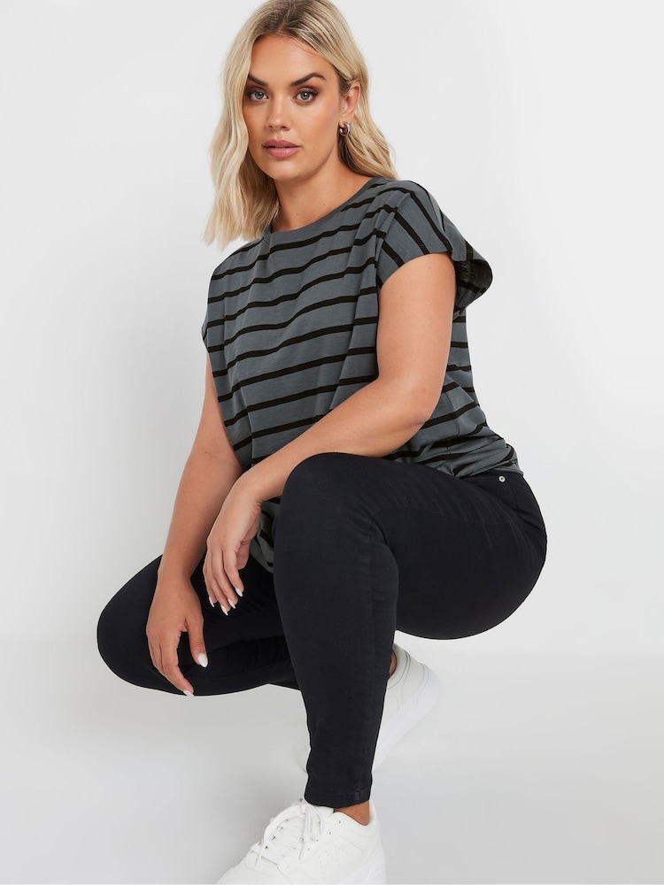 Yours Curve Grey Grown On Stripe 100% Cotton T-Shirt - Image 1 of 4