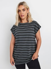 Yours Curve Grey Grown On Stripe 100% Cotton T-Shirt - Image 2 of 4