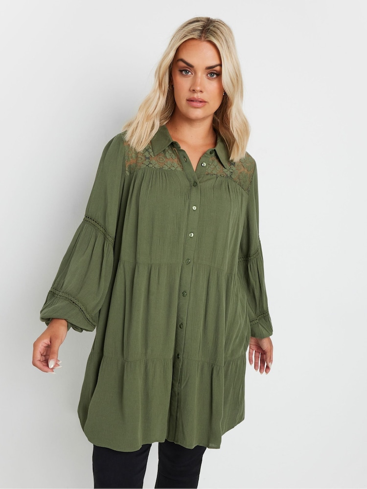Yours Curve Green Boho Long Sleeve Tiered Shirt - Image 1 of 4