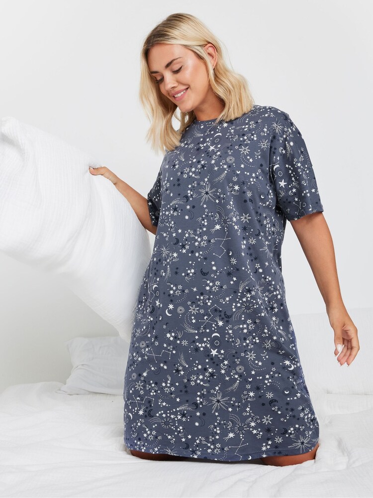 Yours Curve Blue Celestial Sleeptee 100% Cotton Nightdress - Image 1 of 4