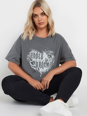 Yours Curve Grey Relaxed Faded Dreams Placement Print Drop Shoulder 100% Cotton T-Shirt - Image 1 of 4