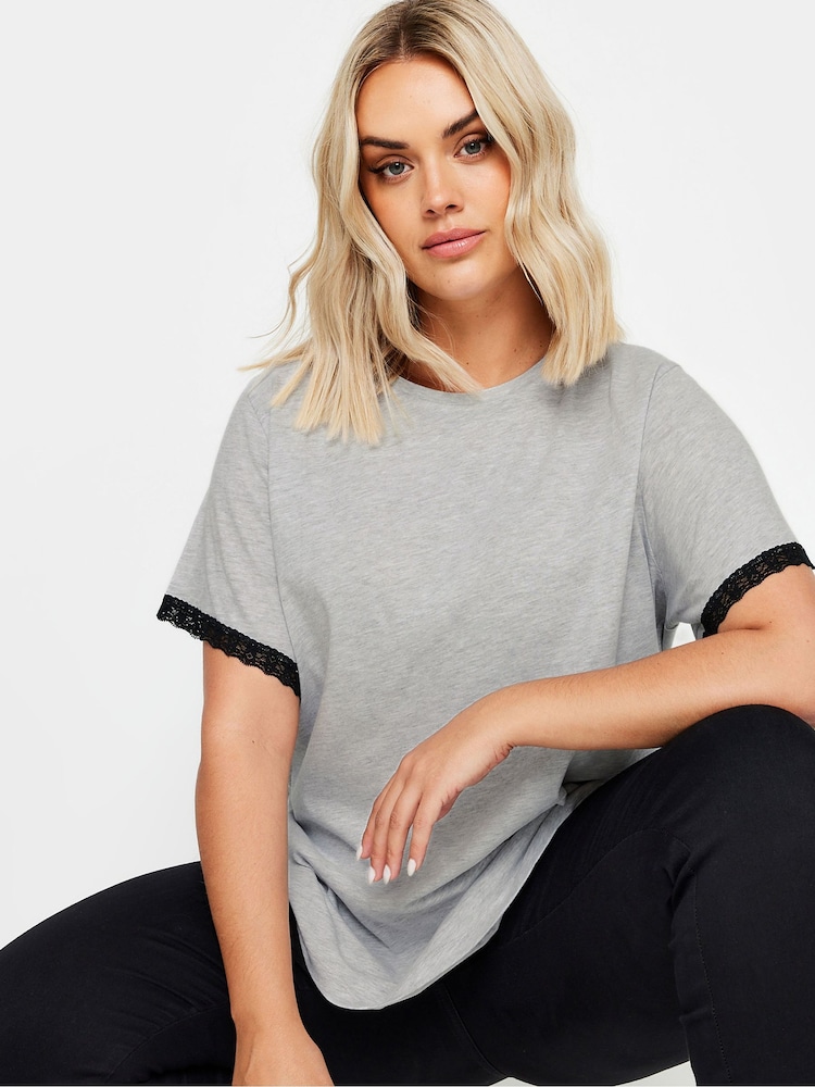 Yours Curve Grey Lace Trim 100% Cotton T-Shirt - Image 1 of 5