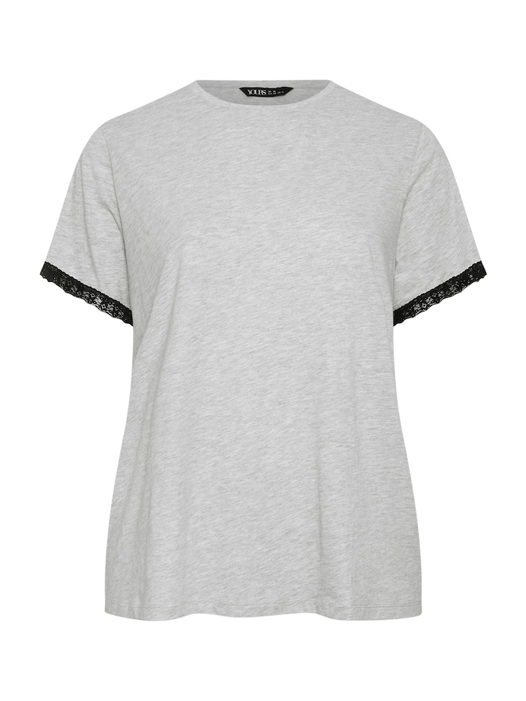 Yours Curve Grey Lace Trim 100% Cotton T-Shirt - Image 5 of 5