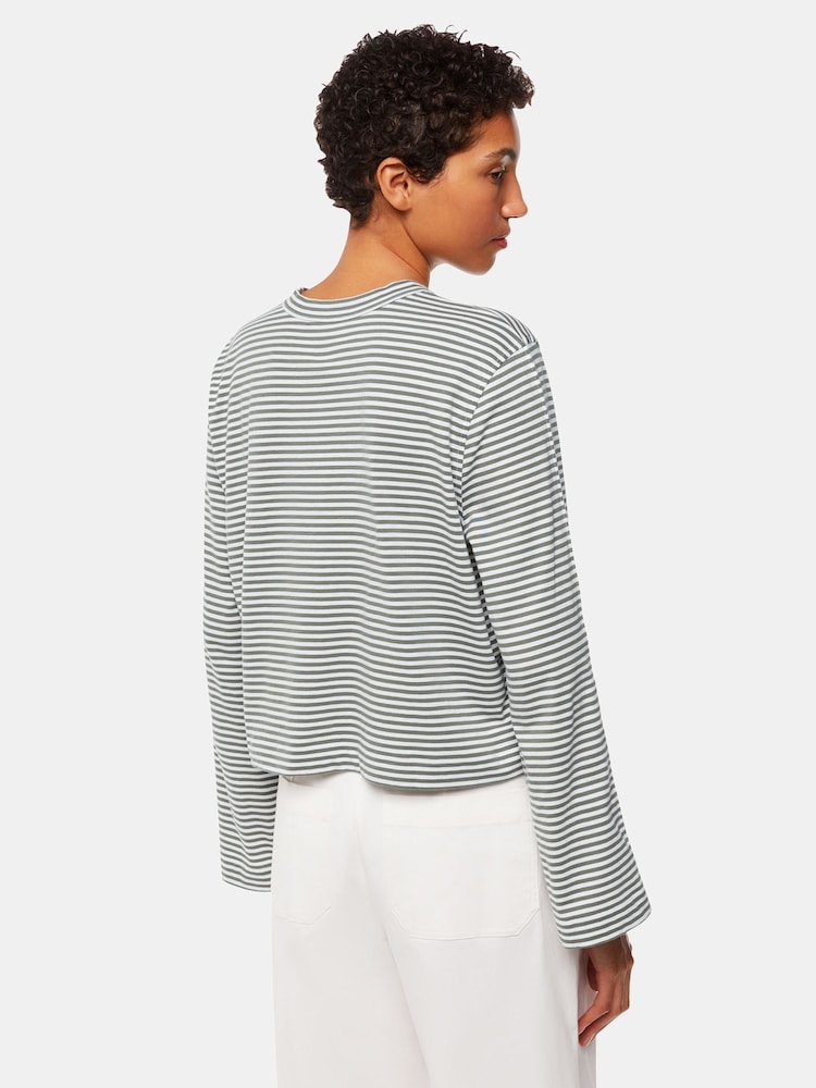 Whistles Green Stripe Crop Long Sleeve 100% Cotton T-Shirt - Image 2 of 5