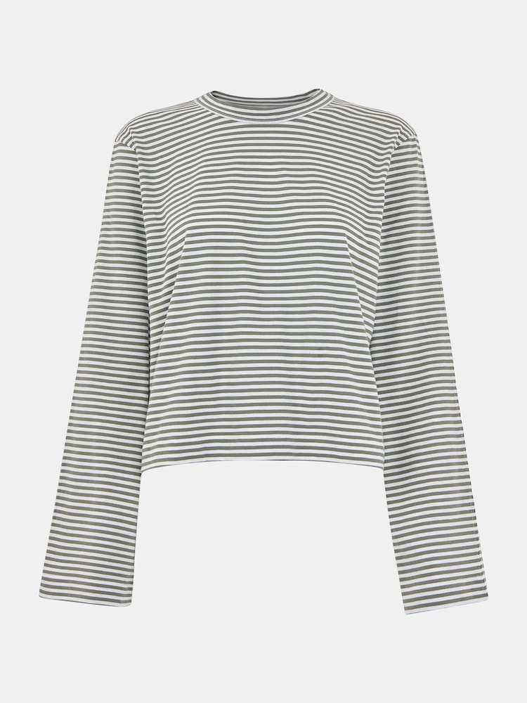 Whistles Green Stripe Crop Long Sleeve 100% Cotton T-Shirt - Image 5 of 5