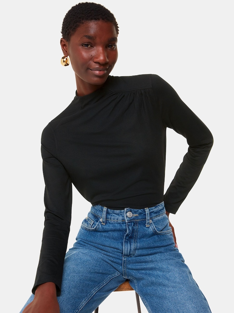 Whistles Black Ruched Front Detail Jersey Top - Image 1 of 5
